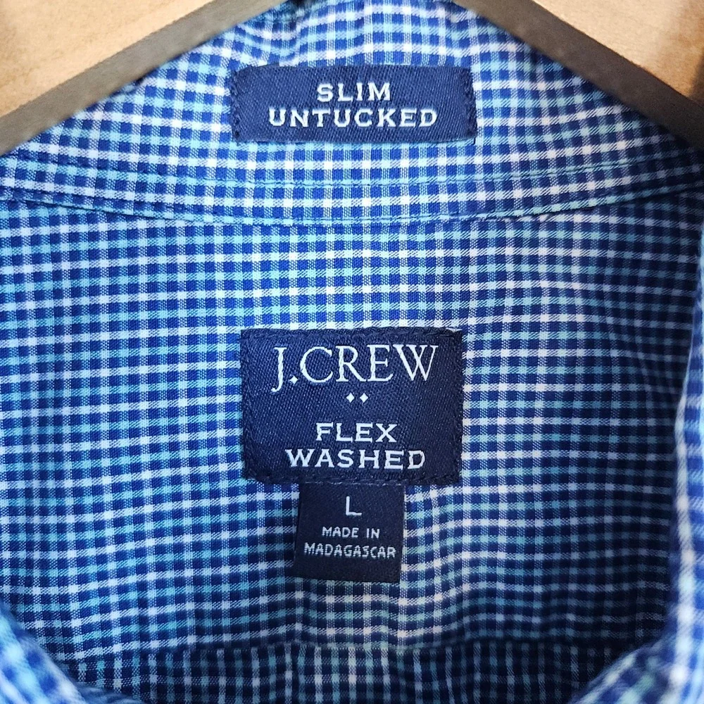 J Crew‎ Men's Slim Untucked Flex Washed Blue & White Mini-Checked Shirt Size L